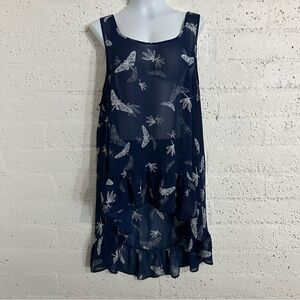 Torrid Womens Top 2 Blue Dragonfly Sleeveless Tunic Sheer High Low Ruffle K3